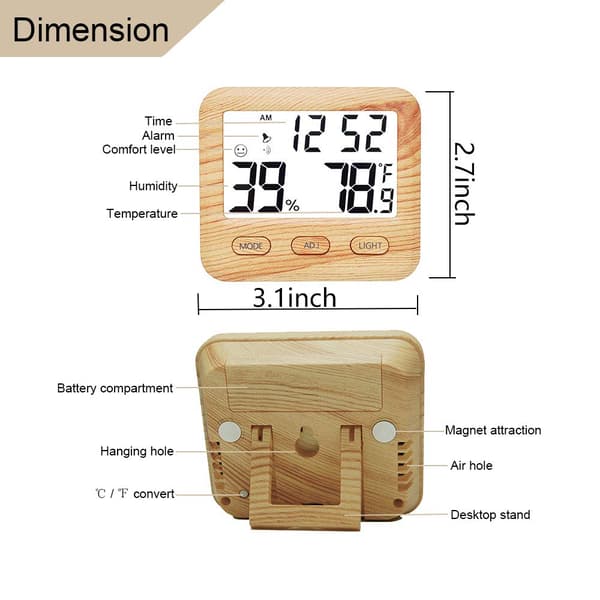 Digital hygrometer och inomhustermometer - Med klockfunktion - Belyst display - Tydlig läsbarhet - Sovrum - Kontor - Hem