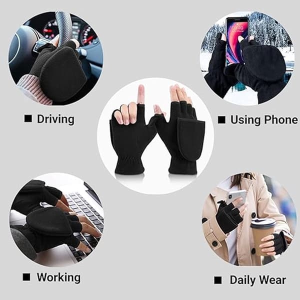 2-i-1 Handsker - 21*10cm - Polyester - Sort - Vinterhandsker - Fingerløse Handsker - Varme - Velcrolukning - Til Mænd og Kvinder - Elastisk Håndledsrem