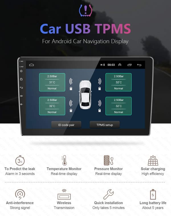 Däcktrycksövervakningssystem, externa USB TPMS-sensorer kompatibla med Android bilnavigeringsdisplay (extern)