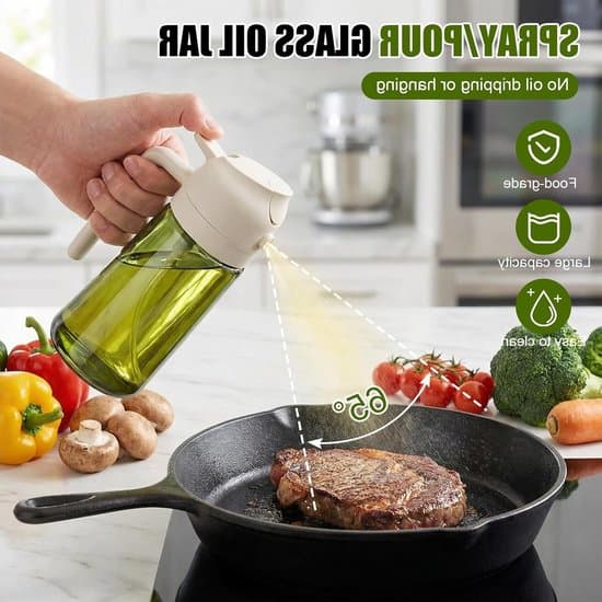 Olieflaske - 470 ml - Glasolieflaske - 2-i-1 Oliedispenser og Spray - Olivenoliedispenser med etiket og børste - 470 ml