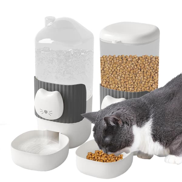 Kattefoder, automatisk vand- og foderautomat til katte og hunde, automatisk vanddispenser og kæledyrsfoderautomat, knapdesign, dimensioner 9,6x19x22cm