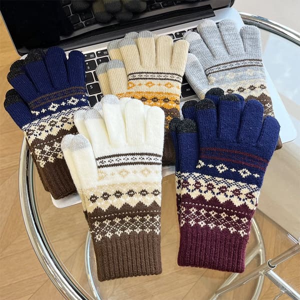Vinter Jacquard Stretch Strikhandsker Unisex Par Trykte Touchscreen Handsker Udendørs Juleuld Split Finger Handsker - Blå