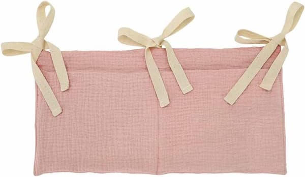 Opbevaringspose i bomuld til babyseng, med 2 opbevaringsrum til vugge og legetøj (pink)