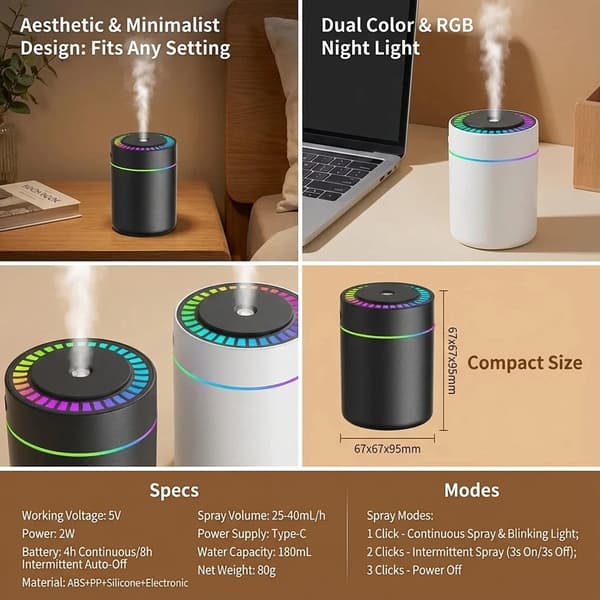 180ML Mini Luftfuktare & Aromadiffuser - USB-C Doftspridare med LED-belysning - För Bil, Hem & Sovrum - Svart