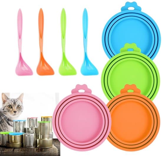 silikone dåselåg, hundefoder, kattefoderlåg, dåselåg med 4 skeer, universelle silikoneglaslåg 8,5 cm (blå, grøn, orange, pink)