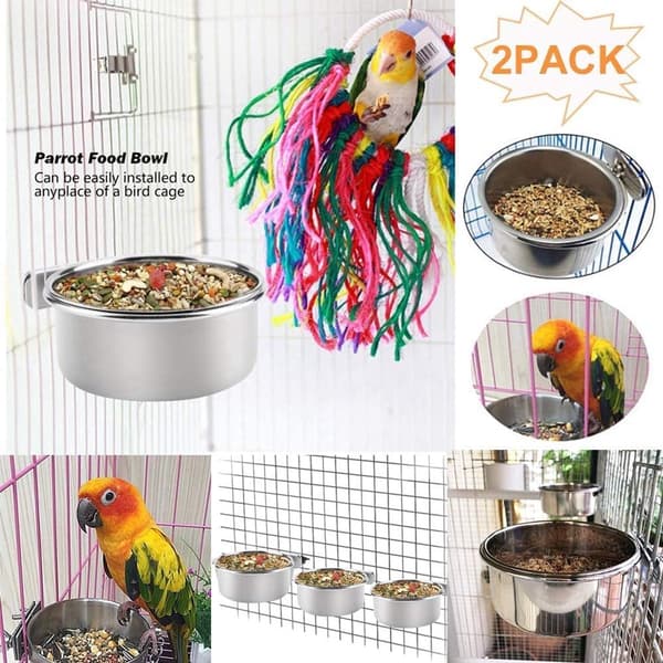 Fuglefoderautomater (2-delt sæt) - Foder- og vandskåle i rustfrit stål med clips - papegøjer - langhalede papegøjer - nymfeparakitter - conures - 2-delt