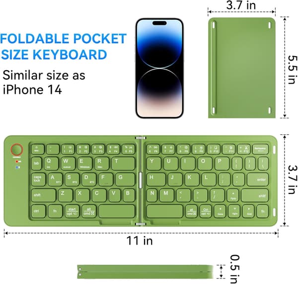 Mini hopfällbart Bluetooth-tangentbord – bärbart, Mac, iPad, Android, Windows och iOS (grönt), ultratunt aluminium, resevänligt för iPhone