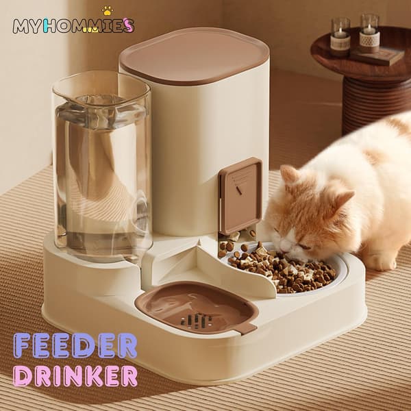 2-i-1 automatisk foderautomat til katte og hunde: automatisk foder- og vanddispenser.