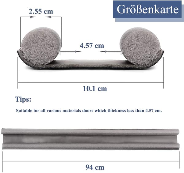 Dørstopper, 94 cm, med dobbeltforsegling, støjdæmper, dørstopper, anti-træk, grå