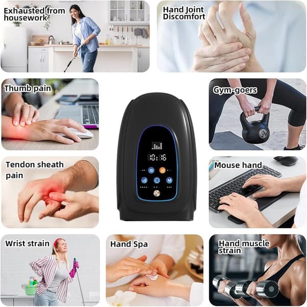 LED-display – til massage af fingre, timer, 2500 mAh batteri, 5 intensitetsniveauer, håndled og håndflade – sort, varm kompression (39-45°C)