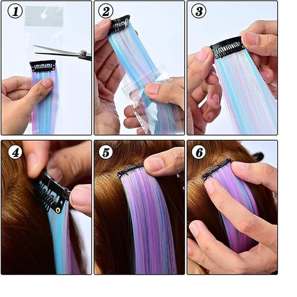12 stk. clip-in hårextensions til piger, 55 cm lilla-blå gradient glatte hårextensions til cosplay