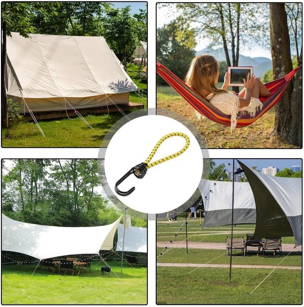 Bungee-snore - Elastiske stropper - Camping og rejser - Robuste teltankre - 0,6 cm tykkelse - Gul Sort
