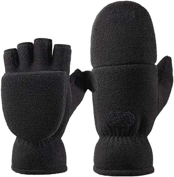 2-i-1 Handsker - 21*10cm - Polyester - Sort - Vinterhandsker - Fingerløse Handsker - Varme - Velcrolukning - Til Mænd og Kvinder - Elastisk Håndledsrem