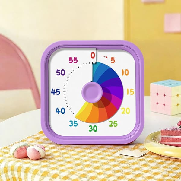 Timer - Lydløs visuel timer - Effektiv tidsstyring - Bærbar regnbueskive-timer - Påmindelse med ring og blink - Lilla - 8,7*8,7*5 cm