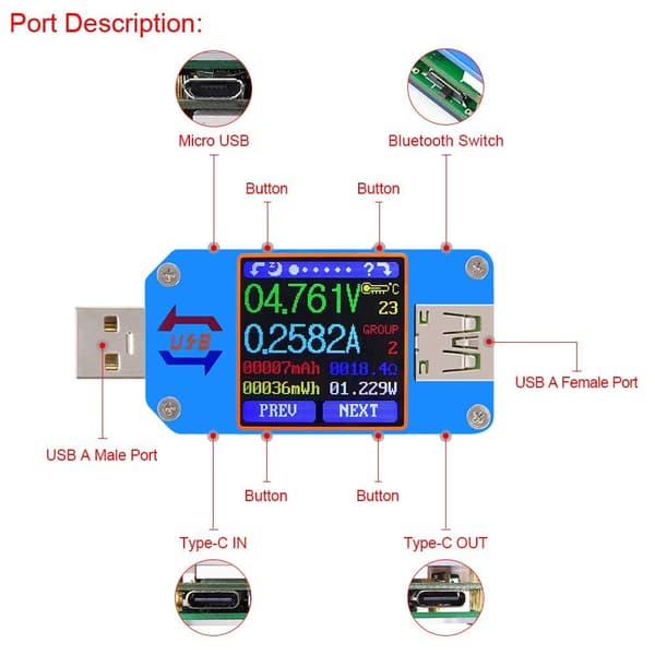 UM25C USB Voltmeter, Bluetooth Type-C Strömtestare, Bluetooth Type-C USB-testare, 5A 1,44-tums Färg LCD Strömtestare Multimeter, QC 2.0 3.0