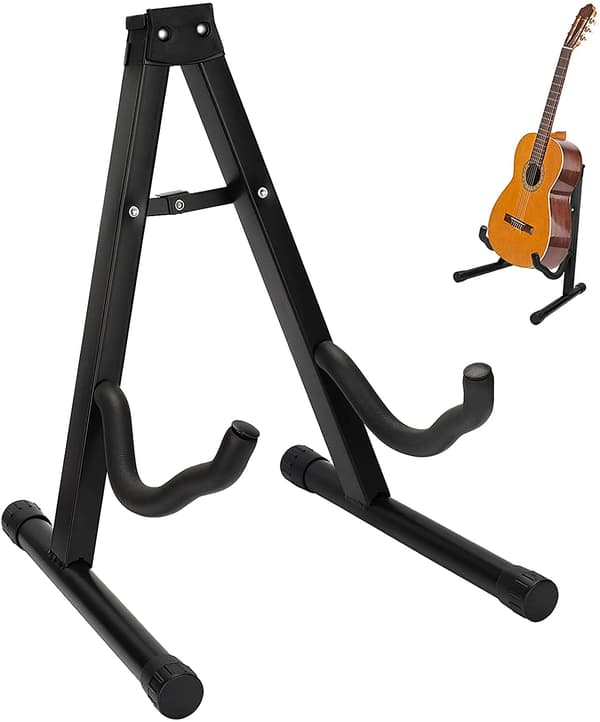 Gitarrställ, hopfällbart, universellt A-modell, justerbart, akustisk gitarr, klassisk gitarr, elgitarr, basgitarr, ukulele och fiol.