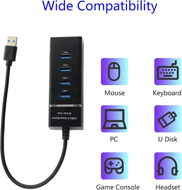 USB 3.0 Hub 4-port 5 Gbps - 30 cm sort LED-indikator egnet til pc Mac bærbar computer