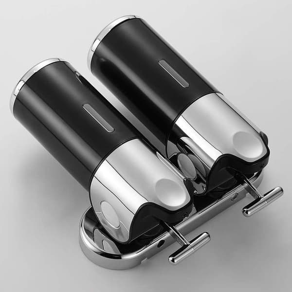 Vægmonteret sæbedispenser 500ML x 2, dobbelthovedet manuel sæbedispenser, flydende shampoodispenser til kroppen (sort)