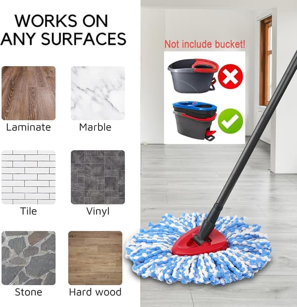 H2Pro mopphuvuden med en snurrande moppbas, kompatibel med Viledar H2Pro RinseClean moppbytespåfyllningar: 3 mikrofibermoppdukar + 1