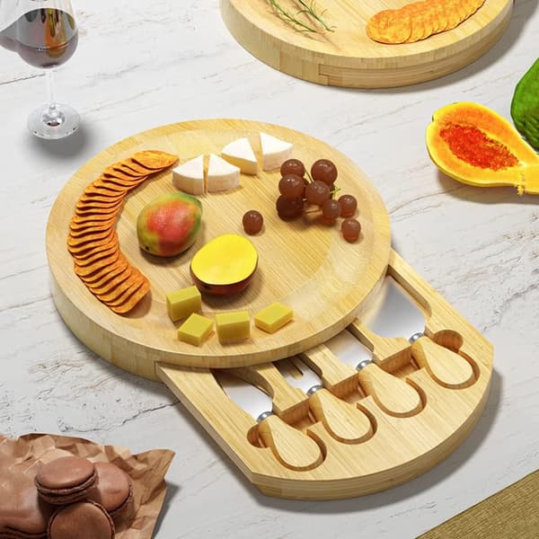 Ostbricka i bambu med knivset och utdragbar låda - Rustik charkbricka (25 cm)