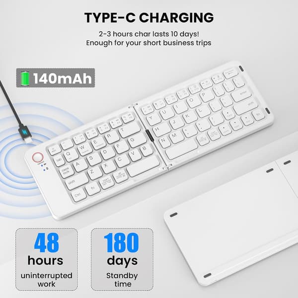 Mini hopfällbart Bluetooth-tangentbord – bärbart, Mac, iPad, Android, Windows och iOS (vitt), ultratunt aluminium, resevänligt för iPhone