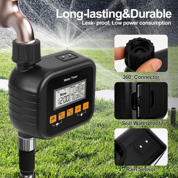 Vandersprinkler, slangetimer til have- og udendørs vanding, styring til havevandingssystemer med regnsensor.