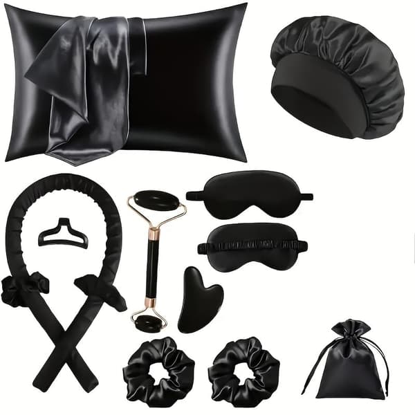 Värmefria locktångar - värmebandsrullar - sovlockar - stylingkit med silkesmössa - sovmask - hårklämmor - örngott - lockar