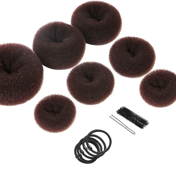 32-dele Donut Bun Maker Sæt - 7 hårbånd (1 overdimensioneret, 2 overdimensionerede, 2 medium, 2 overdimensionerede), 5 gummibånd, 20 hårnåle, mørkebrun