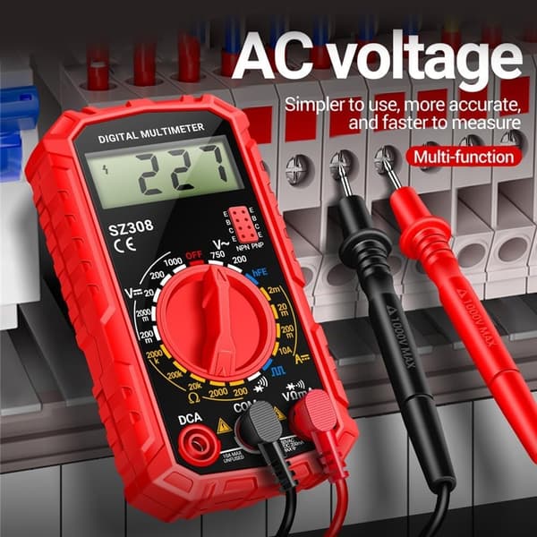 Digitalt multimeter - batterispændingstester - gennemgangstester - ohm - volt - amperemeter - AC - DC spænding - modstandsstrøm - transistor