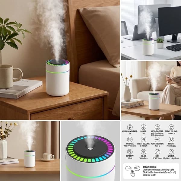 180ML Mini Luftfuktare & Aromadiffuser - USB-C Doftspridare med LED-belysning - För Bil, Hem & Sovrum - Svart