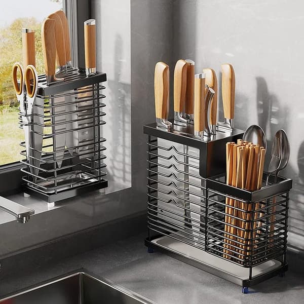 Knivholder i 304 rustfrit stål, opbevaring til køkkenbordplade, sort, 14,8*9,7*22,5 cm