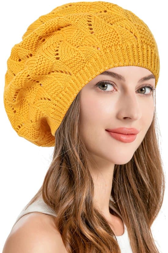 Klassisk fransk baret til damer, elegant efterårs-/vinterhat, omkreds 58 cm. Ingefærgul