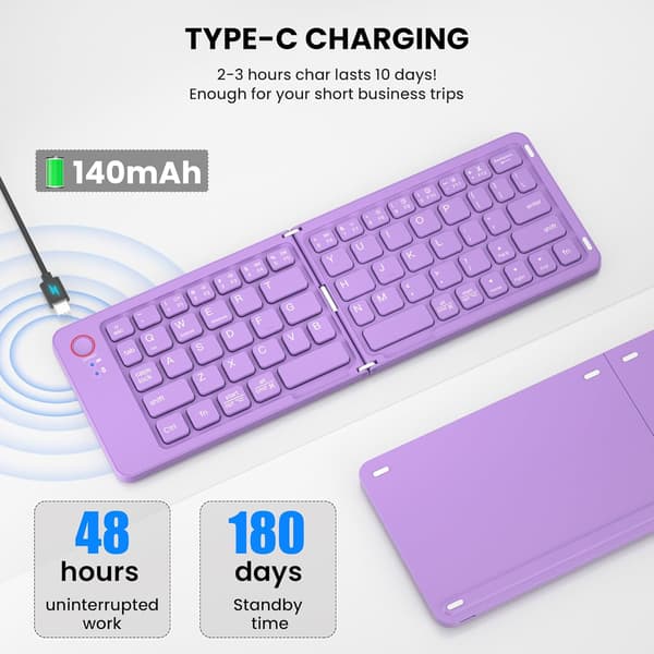 Mini vikbart Bluetooth-tangentbord – bärbart, Mac, iPad, Android, Windows och iOS (lila), ultratunt aluminium, resevänligt för iPhone