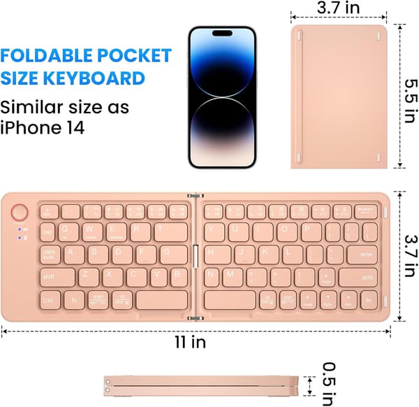 Mini vikbart Bluetooth-tangentbord – bärbart, Mac, iPad, Android, Windows och iOS (rosa), ultratunt aluminium, resevänligt för iPhone