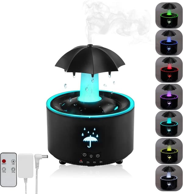 Luftfugter - Aroma Diffuser - Paraply Luftfugter - Roterende Paraply Dråbe Luftfugter - Aromaterapi Diffuser med 7 - Sort - 300 ml