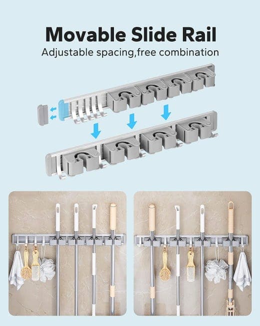 2-delt fire-krogs aluminium kosteholder vægmontering, kosteholder, moppeholder vægmontering sort + sølv