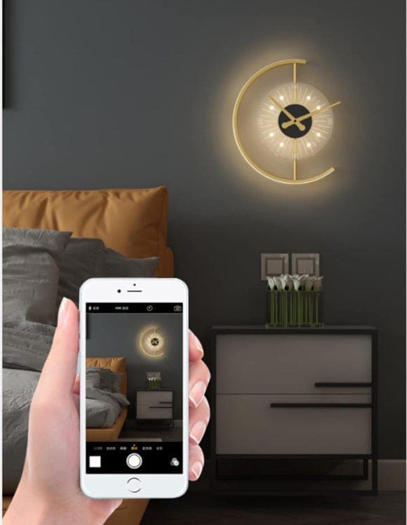 Lätt LED-väggklocka, digital dimbar väggklocka, järn, guld, vitt ljus