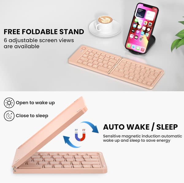 Mini vikbart Bluetooth-tangentbord – bärbart, Mac, iPad, Android, Windows och iOS (rosa), ultratunt aluminium, resevänligt för iPhone