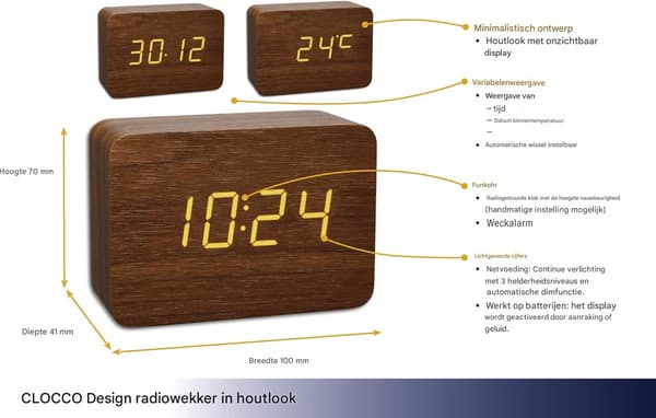 Digital Väckarklocka - Digital Väckarklocka i Trä - LED-Display 3 Larm - 1 - Sovrum