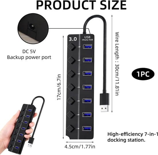 USB 3.0 Hub med 7 porte og 5 Gbps hastighed