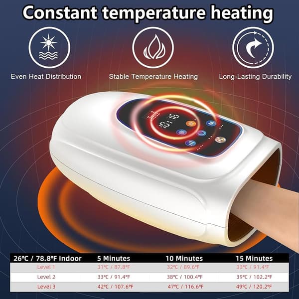 LED-display – til massage af fingre, timer, 2500 mAh batteri, 5 intensitetsniveauer, håndled og håndflade – sort, varm kompression (39-45°C)