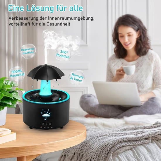 Luftfugter - Aroma Diffuser - Paraply Luftfugter - Roterende Paraply Dråbe Luftfugter - Aromaterapi Diffuser med 7 - Sort - 300 ml
