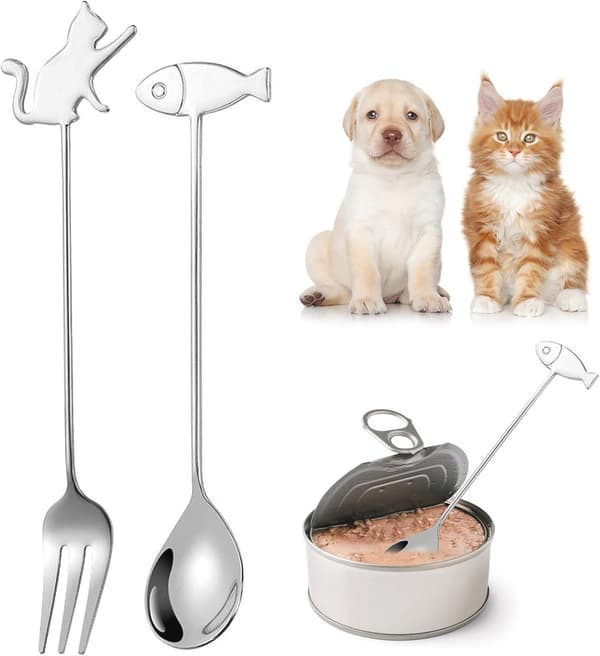 Fodersæt til katte og hunde - Gaffel- og skesæt i rustfrit stål til vådfoder