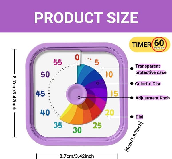 Timer - Lydløs visuel timer - Effektiv tidsstyring - Bærbar regnbueskive-timer - Påmindelse med ring og blink - Lilla - 8,7*8,7*5 cm