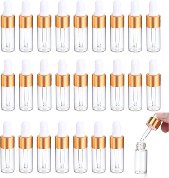 25 Pipettflaskor - Miniflaskor med pipett - Små flaskor 5ml - Påfyllningsbara klara provflaskor i glas med pipett - för eterisk olja - 5m