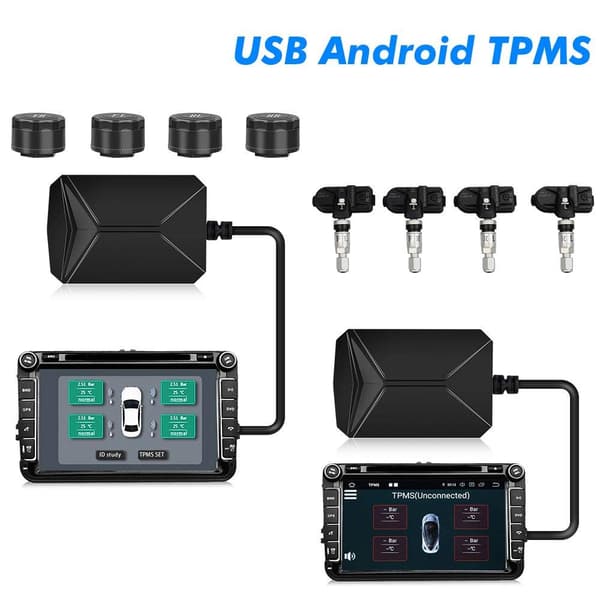 Däcktrycksövervakningssystem, externa USB TPMS-sensorer kompatibla med Android bilnavigeringsdisplay (extern)