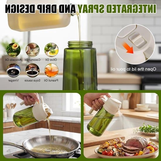 Olieflaske - 470 ml - Glasolieflaske - 2-i-1 Oliedispenser og Spray - Olivenoliedispenser med etiket og børste - 470 ml