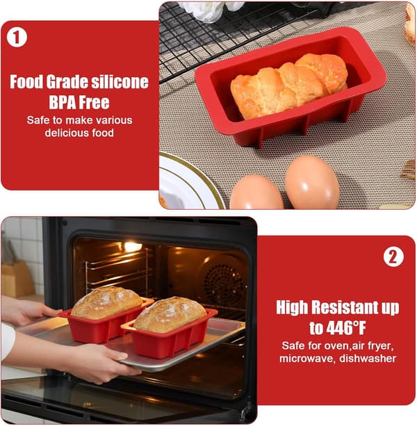 12 Mini Brödformar i Silikon – Non-stick – Rektangulära – för Bröd & Kakor (Röd)