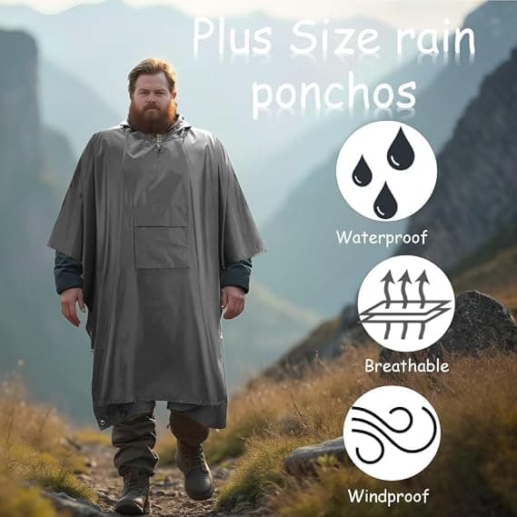 Voksen - Hætte Regnponcho, Plus Size – Grå – Til Camping, Vandring og Udendørsbrug