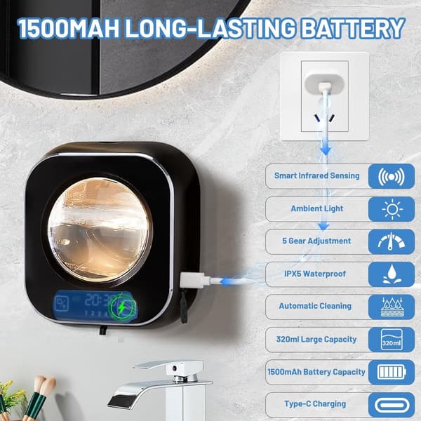 Automatisk Sæbedispenser - 320ml - Skum - Genopladelig - Sort